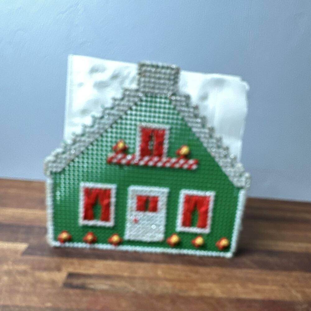 Christmas Napkin Holder, Handmade Needlepoint & Plastic,Green Red & White